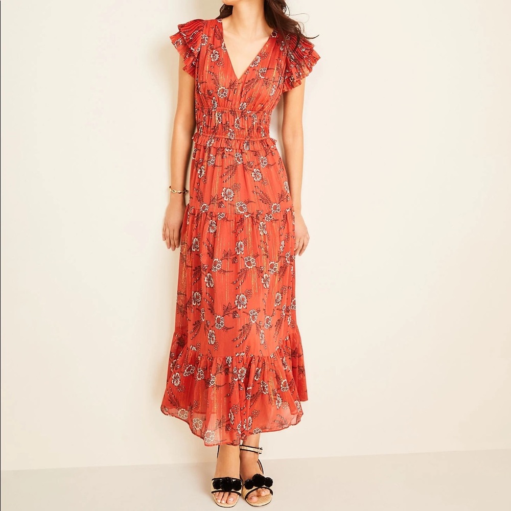 Ann Taylor shimmer flutter sleeve floral dress